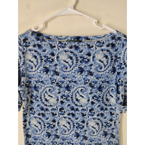 Lauren Ralph Lauren Women's Shirt M Blue/White Paisley Rolled Sleeve Boat Neck - Picture 4 of 14